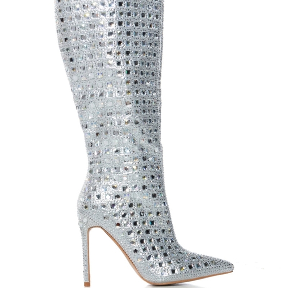 ""STARLIGHT DIVA" Sparkling Silver Rhinestone Heeled Boots - Picture 8 of 8